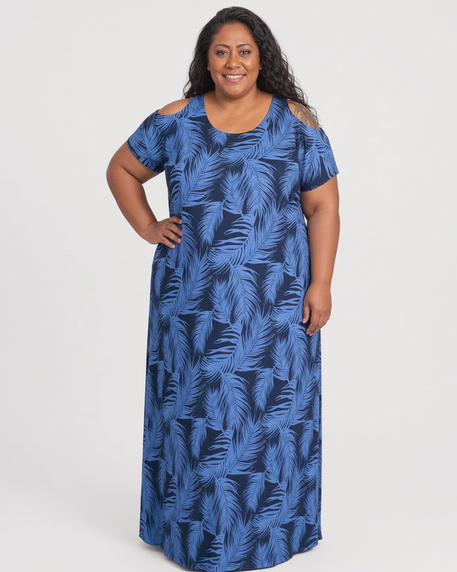 Blue Fern Print Cold Shoulder Maxi Dress