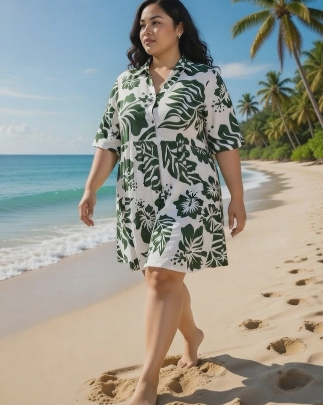 Rayon Short Dress - Green Hibiscus Print on White