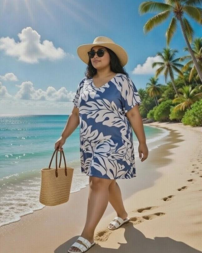 Rayon V-Neck Short Dress  Leaf Print