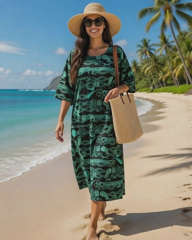 Green & Black Cotton Midi Dress