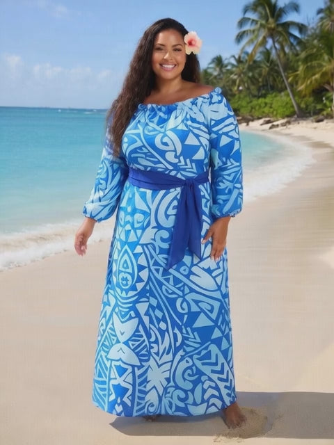 Blue Tribal Print Chiffon Maxi Dress - Flowy, Lightweight & Effortlessly Elegant