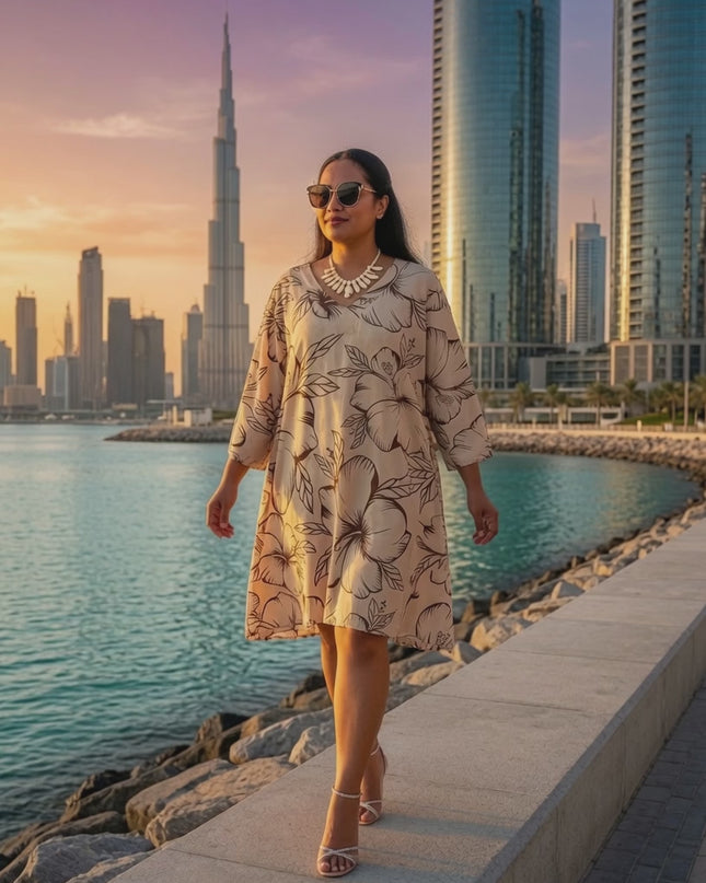 Beige Hibiscus V-Neck Kaftan Dress