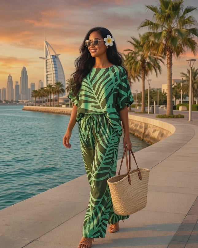 Tropical Leaf Print Top & Drawstring Flare Pants Set