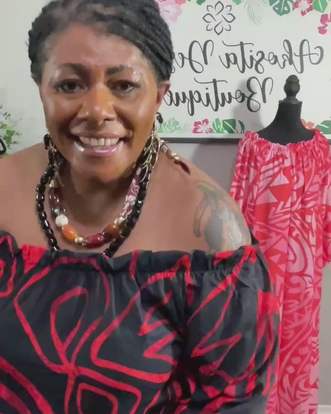 Red and Black Tribal Print Chiffon Maxi Dress with Statement Earrings and Hibiscus Hair Flower