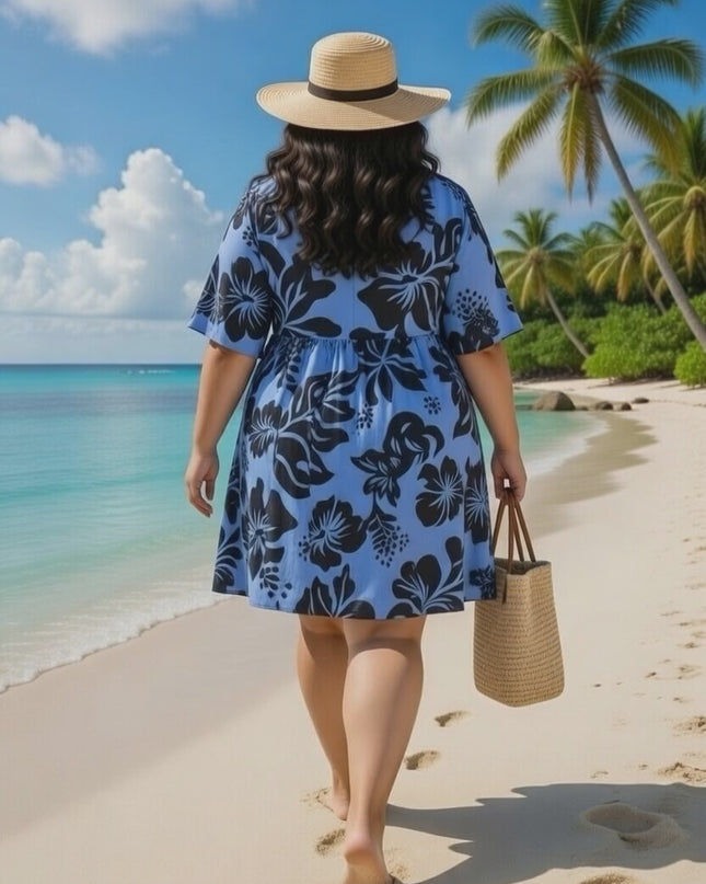 Blue Hibiscus Rayon Midi Dress