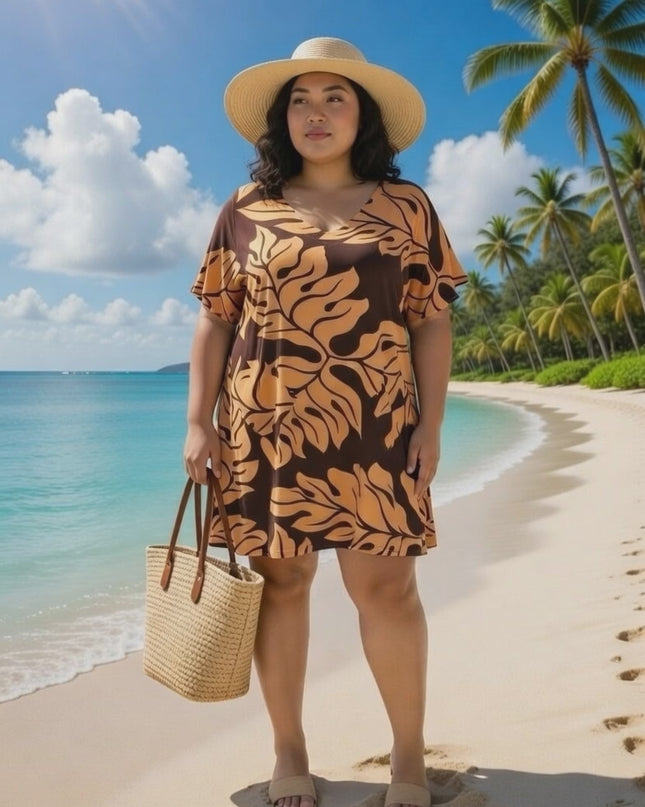 Rayon V-Neck Short Dress  Leaf Print