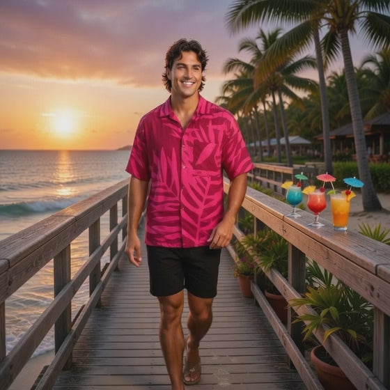 Pink on red fern print men's shirt