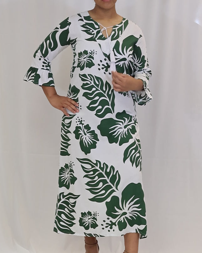 Rayon Long Dress-Green Hibiscus Print on White