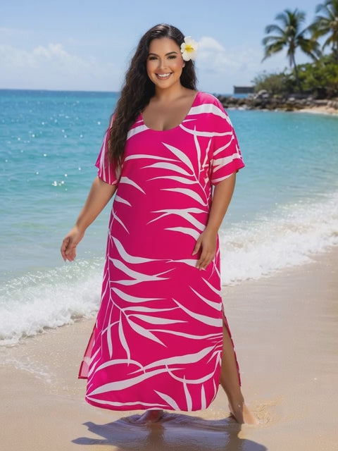 Pink Tropical Fern Rayon Maxi Dress with Pockets - Lightweight Resort Wear